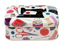 Een rechthoekig opbergblik met een prachtige vintage naaimachine-illustratie.