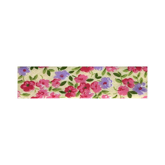 Biaisband met roze en paarse bloemen en bladeren in groene kleuren.