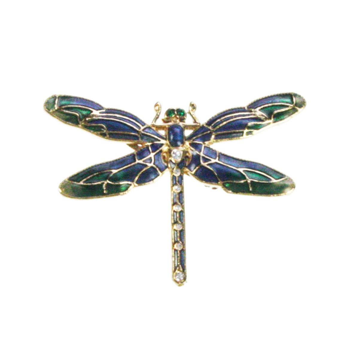 Een elegante broche in de vorm van een libelle, met prachtige decoratieve details in het lijfje en de vleugels. 