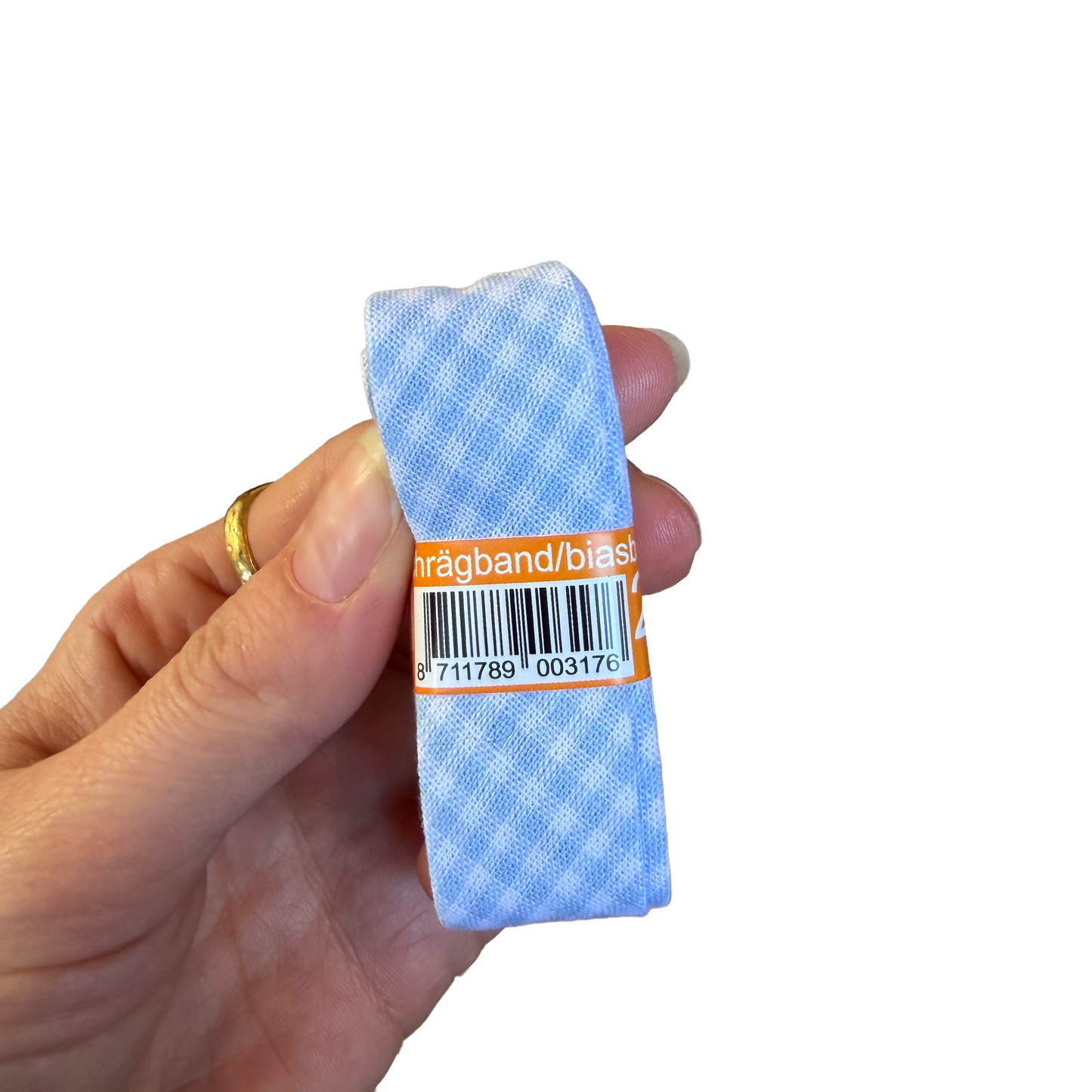 Okidoki katoenen biaisband geruit lichtblauw 20 mm