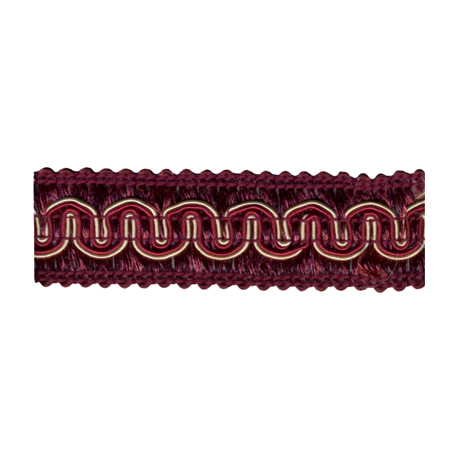 Een luxe sierband met een rijke wijnrode kleur en decoratieve ingeweven golvende lijnen in wit en roze. Deze band heeft een klassieke, bijna barokke uitstraling